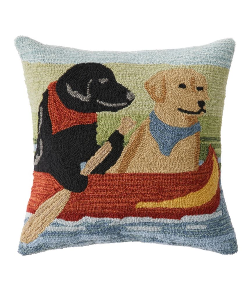 Indoor/Outdoor Hooked Pillow, Dogs in Canoe, 18" x 18" - US 7069