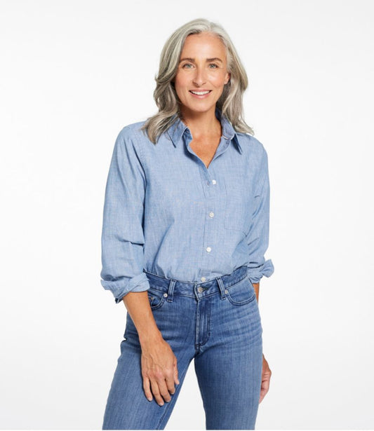 Women's Essential Cotton Shirt, Chambray Long Sleeve - US 9595