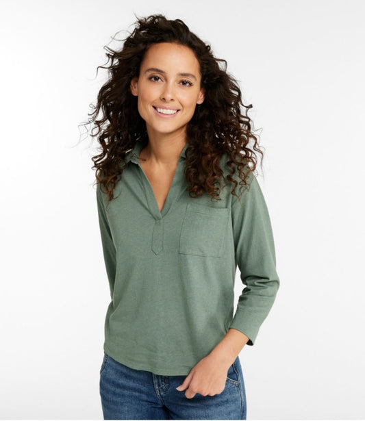 Women's Lakeside Linen/Cotton Tee, Three-Quarter-Sleeve Splitneck Polo - US 7941