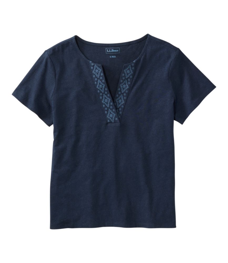 Women's Lakeside Linen/Cotton Tee, Short-Sleeve Embroidered Splitneck - US 0382