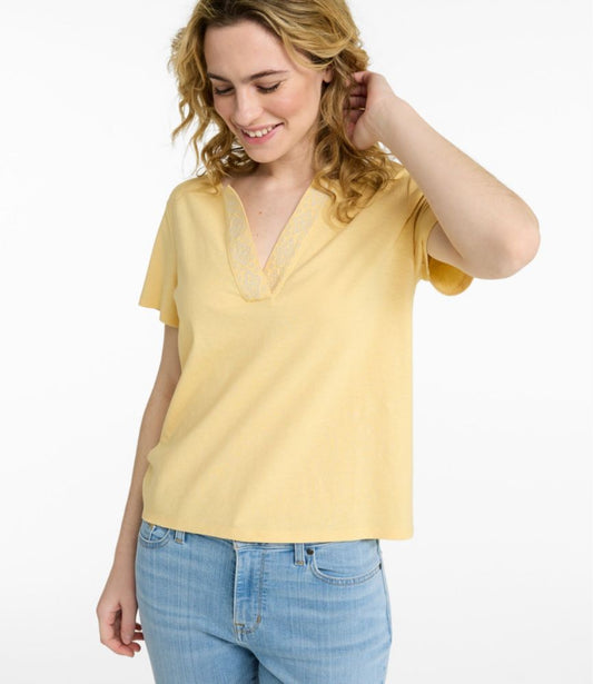Women's Lakeside Linen/Cotton Tee, Short-Sleeve Embroidered Splitneck - US 5063