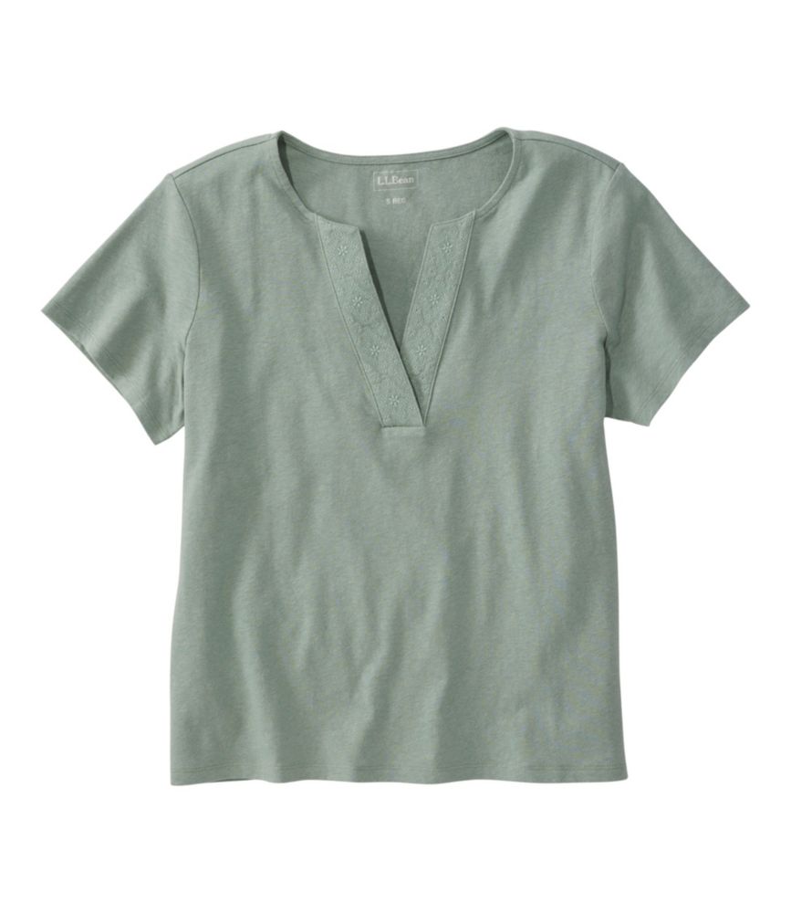 Women's Lakeside Linen/Cotton Tee, Short-Sleeve Embroidered Splitneck - US 8782