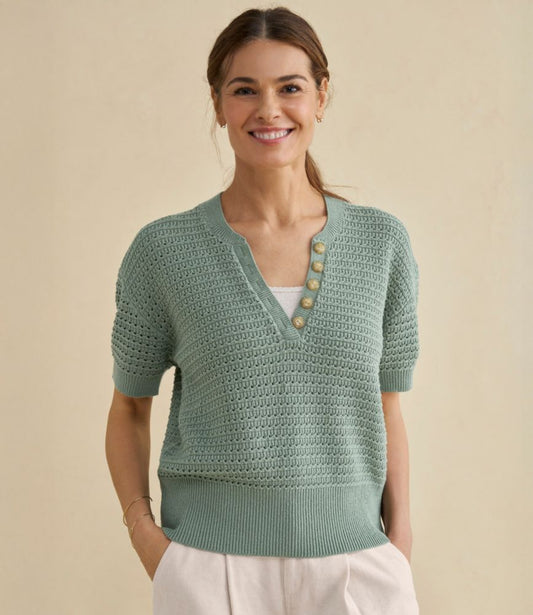 Women's Sunwashed Openwork Sweater, Short-Sleeve Henley - US 7085