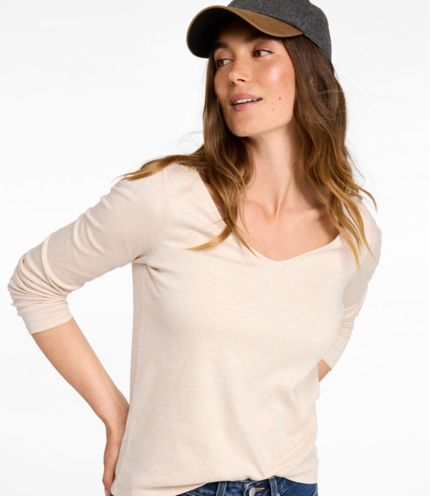 Women's Pima Cotton Tee, Long-Sleeve Open V-Neck - US 0070
