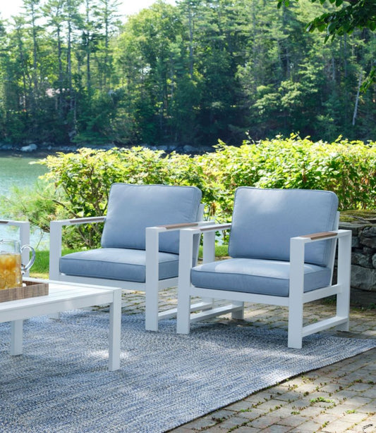 White Aluminum Deep Seating Armchair with Blue Cushions, Set of Two - US 8261