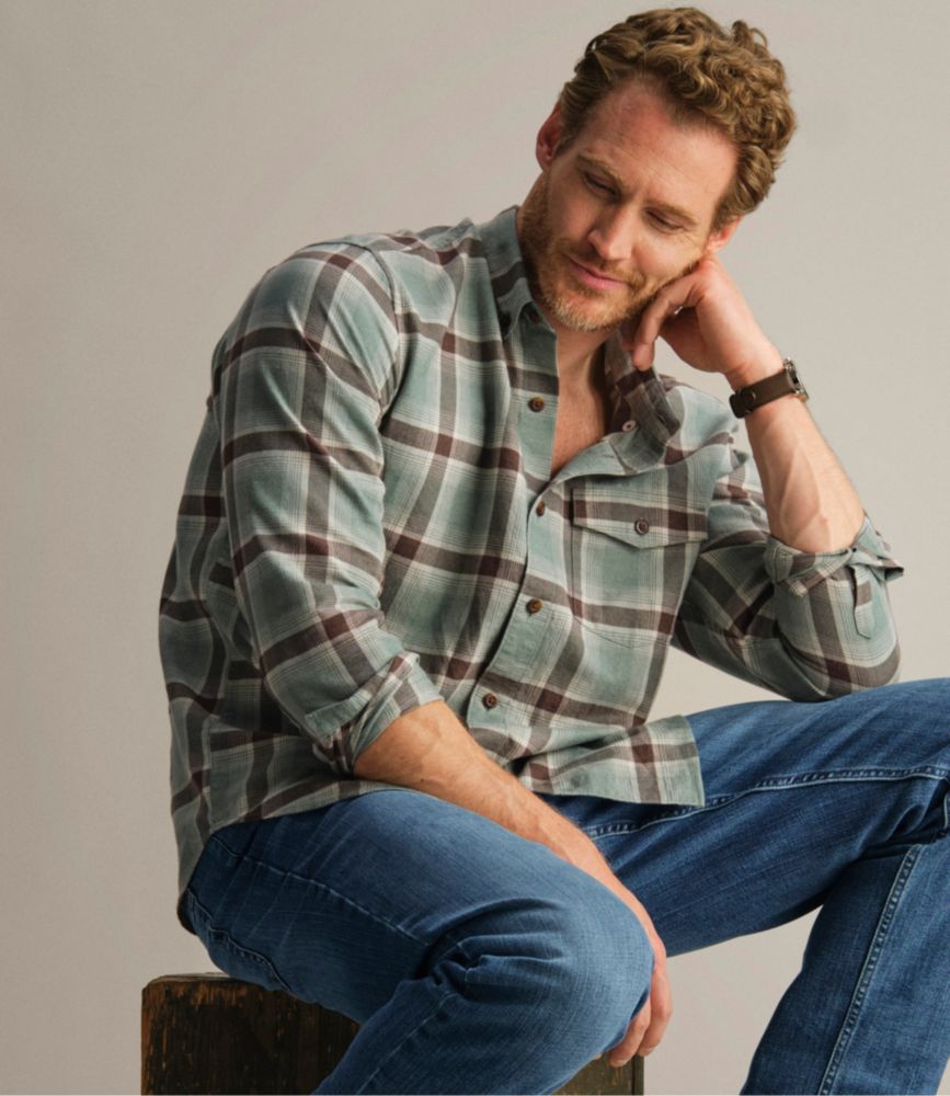 Men's Brushed Jaspé Twill Shirt, Plaid, Traditional Untucked Fit - US 6140