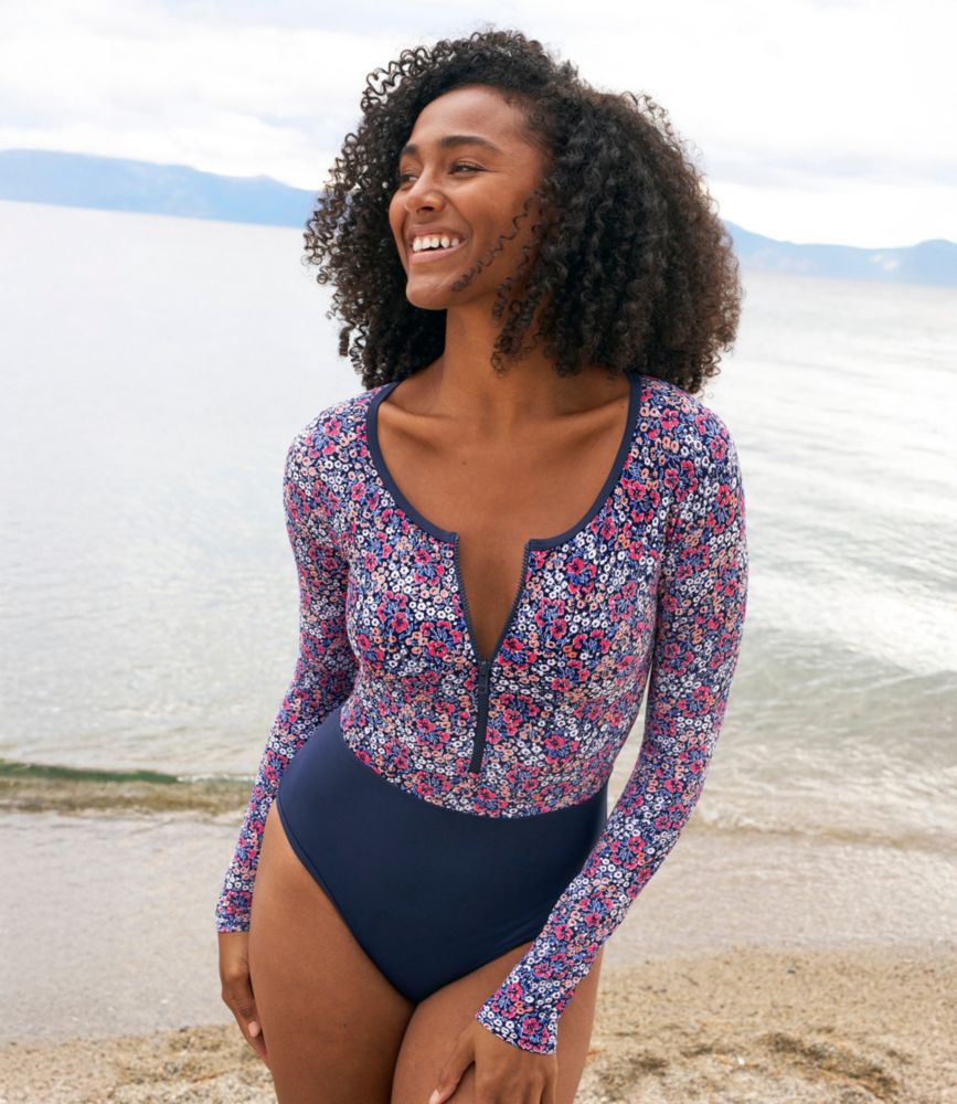 Women's Coastal Essentials Swimwear, Long-Sleeve Tanksuit Print - US 5391