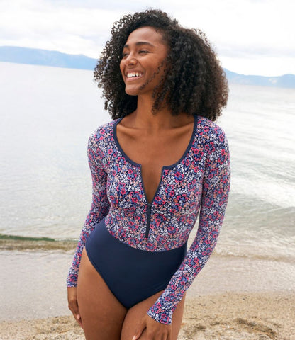 Women's Coastal Essentials Swimwear, Long-Sleeve Tanksuit Print - US 5391