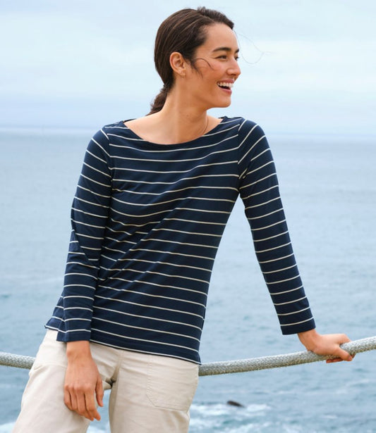Women's Soft Stretch Supima-Blend Tee, Boatneck Bracelet-Sleeve Stripe - US 8292