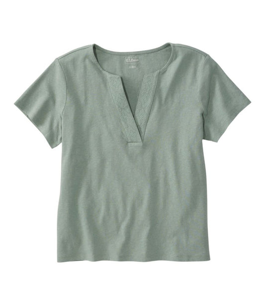 Women's Lakeside Linen/Cotton Tee, Short-Sleeve Embroidered Splitneck - US 8782