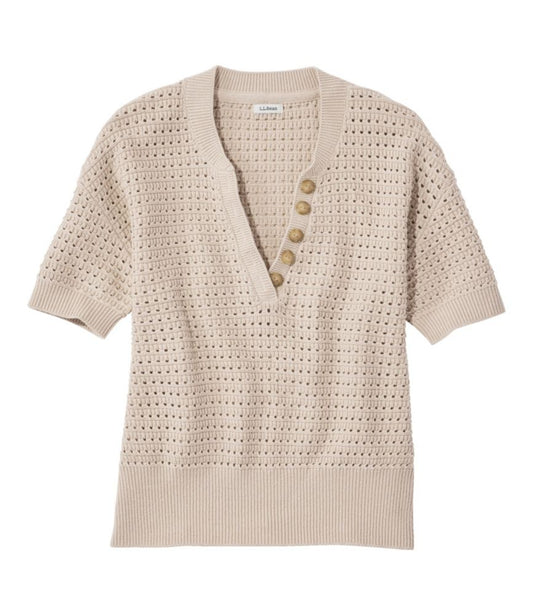 Women's Sunwashed Openwork Sweater, Short-Sleeve Henley - US 1992