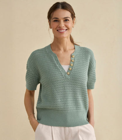 Women's Sunwashed Openwork Sweater, Short-Sleeve Henley - US 7085